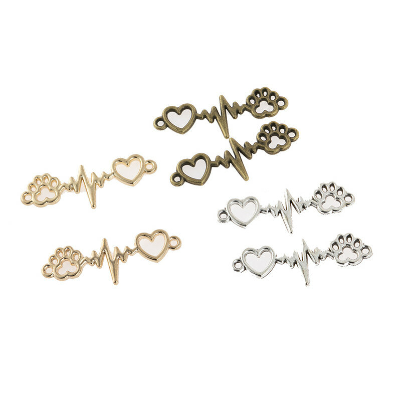 Conector da pata do cachorro, conector dourado e prateado com eletrocardiograma para fazer joias e colar com 10 peças