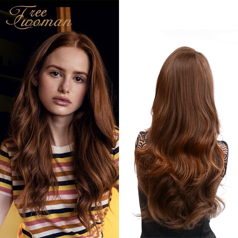 FREEWOMAN-Peluca de cabello ondulado largo para mujer, cabellera artificial con flequillo, color marrón oscuro, resistente al calor