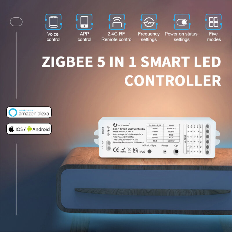 Gledopto 5 em 1 zigbee inteligente controlador de led para cct, rgb, rgbw, rgb + cct dimmer led tira controle remoto sem fio
