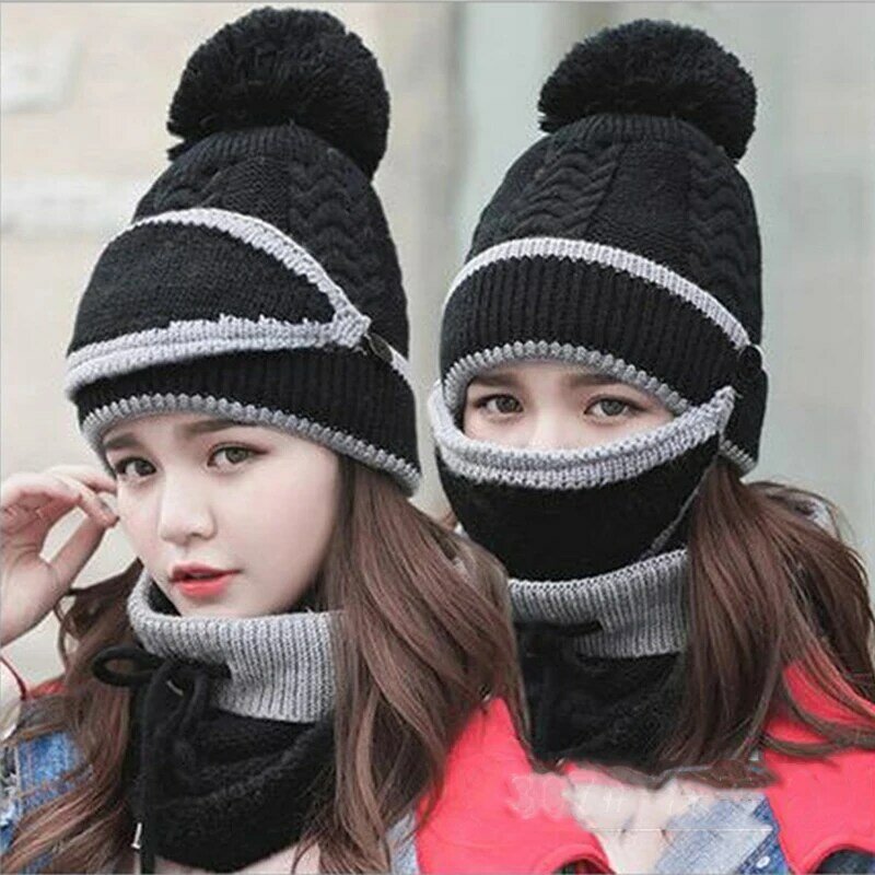 3-piece Set of Anti-fog Hat Women Winter Beanie Velvet Thick Bib Face Mask Dust Cap Thick Warm Knitted Wool Hat