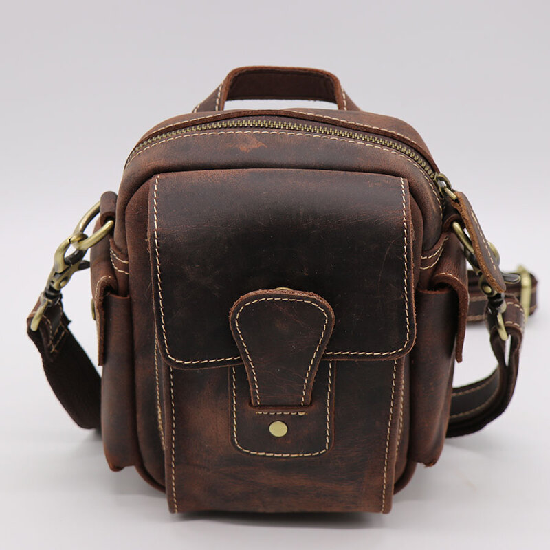 Men Functional Waist Belt Bag Genuine Leather Small Crossbody Shoulder Bag Male Top-handle Handbag Vintage Crazy Horse