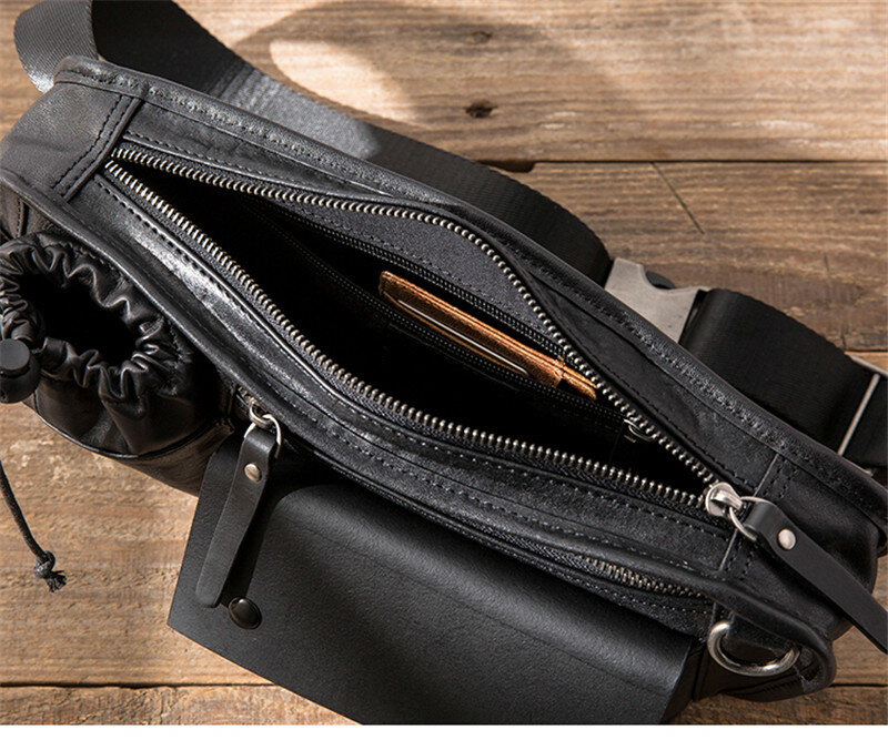 Pngme-男性用の本物の牛革カジュアルバッグ,複数のポケット,黒,アウトドアスポーツ用,ショルダーストラップ付き