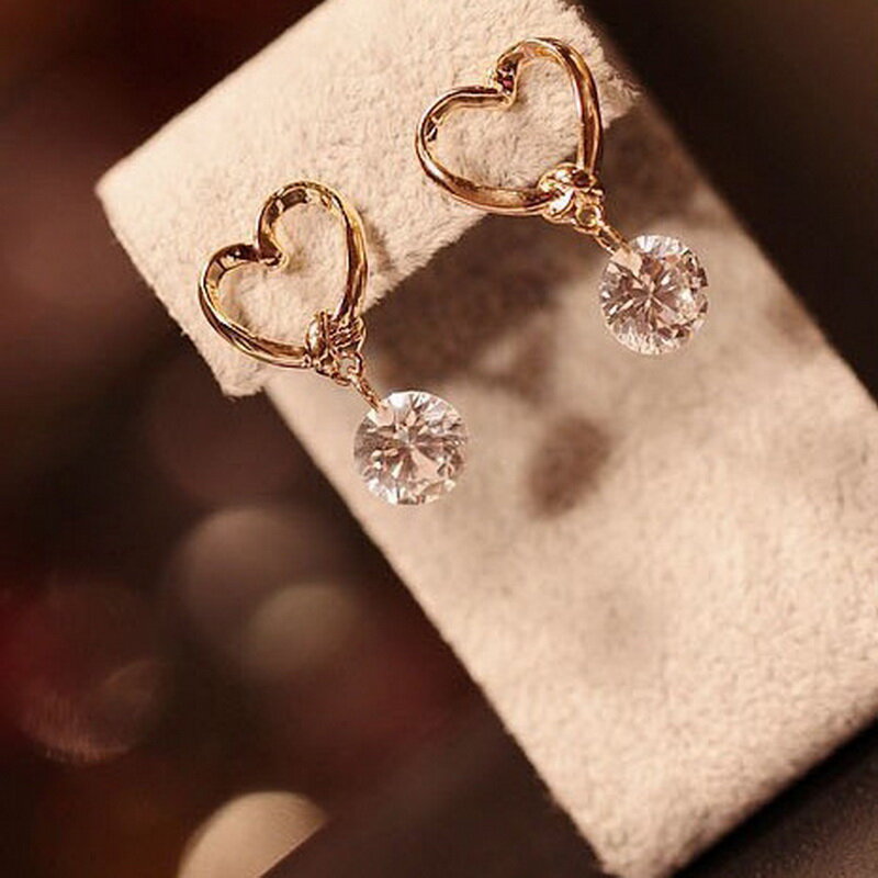 Shining Crystal Heart Moon Pearl Stud Earrings For Women Hollow Korean Star Dangle Drop Sweet Girls Wedding Gold Color Jewelry
