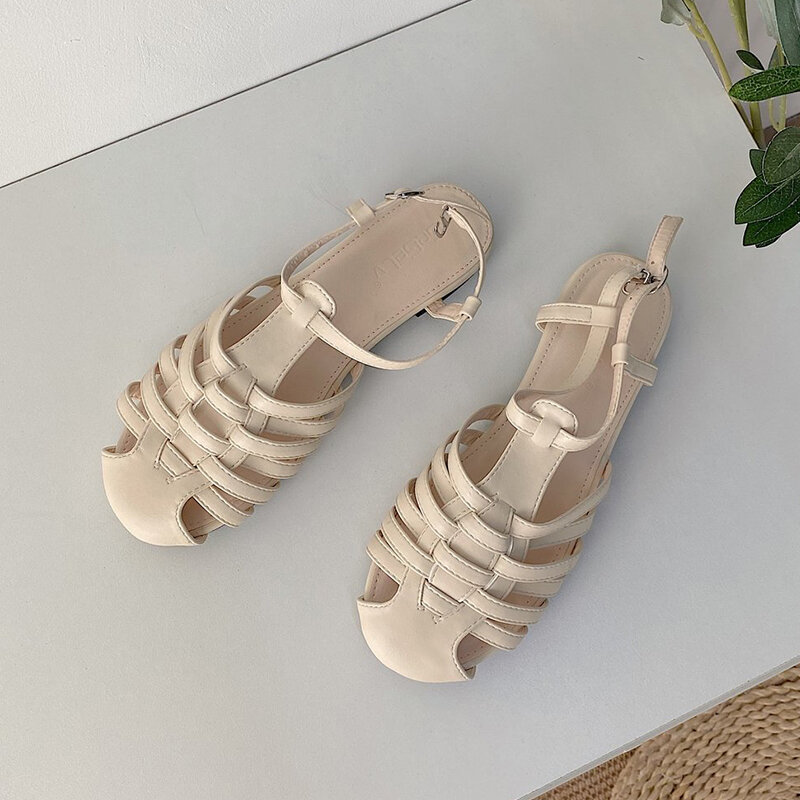 Sandálias femininas planas de couro, sandália nova moda verão roma dedo redondo, sandália vintage com fivela tira casual marrom, 2021