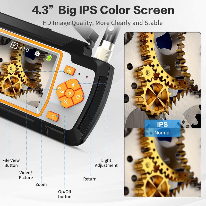 Nowy 1080P 5.5mm podwójny obiektyw kamera endoskopowa z 4.3 "IPS LCD 2.0MP HD kamera inspekcyjna z 6 LED 32GB TF do kanalizacji samochodowej