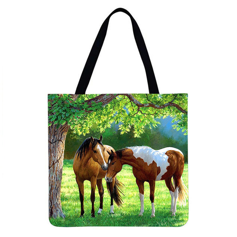Reusable Linen Shopping Handbags Casual Ladies Animal Horse Printed Pattern Tote Square Large Capacity Storage Bag