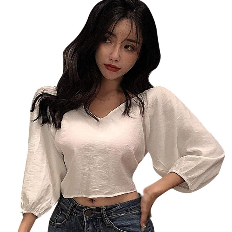 2021 camisetas femininas camisetas brancas em torno do pescoço sem costas colheita topo kawaii estilo coreano streetwear manga longa roupas femininas