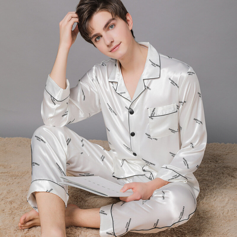 Pijamas masculinos para a primavera de seda de mangas compridas casa terno calças longas pijama hombre luxo masculino roupas de seda impressão lapela pijamas