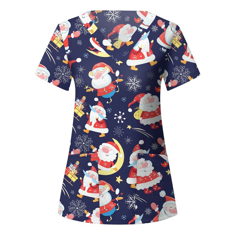 2022 Women Nursing Short Sleeve T-shirts Santa Claus Printing V-neck Tops Working Uniform Christmas Snowman Harajuku T-shirt L*5