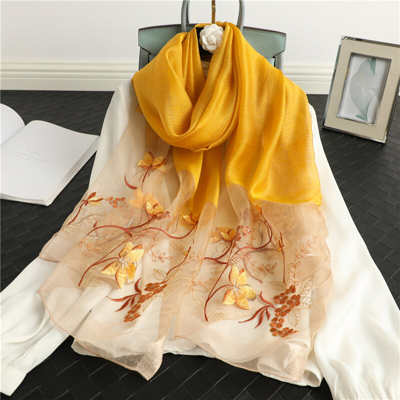 Mulheres de lã de seda hijab senhora pashmina foulard cachecol bordado floral fina foulard bufanda praia stoles lenço xales envoltórios