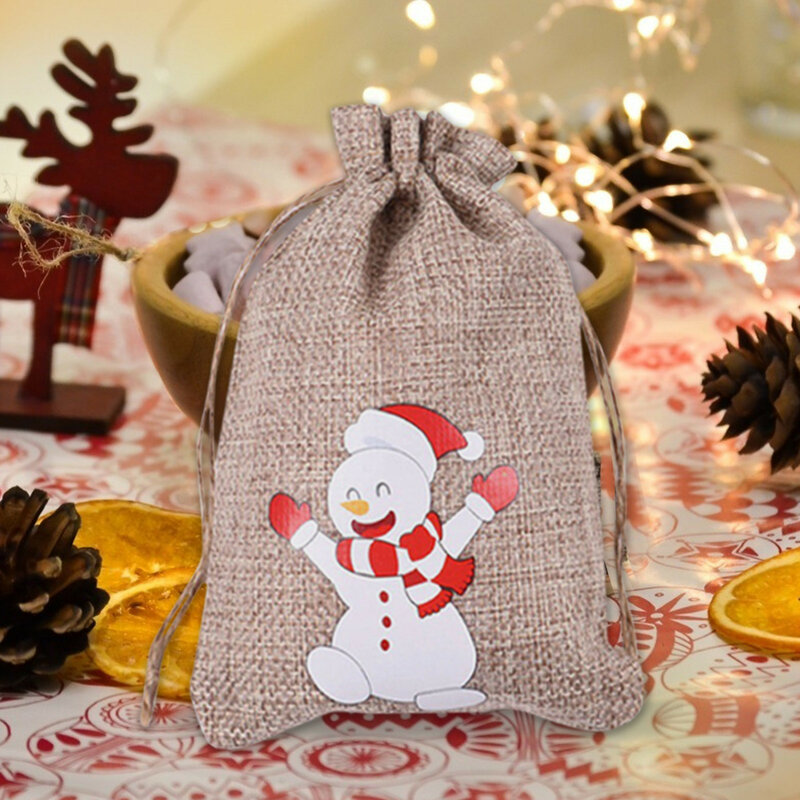 Bolsas de lino de yute para decoración de Navidad, bolsa de yute con cordón para regalo, dulces para regalos de Navidad, estampado para niños