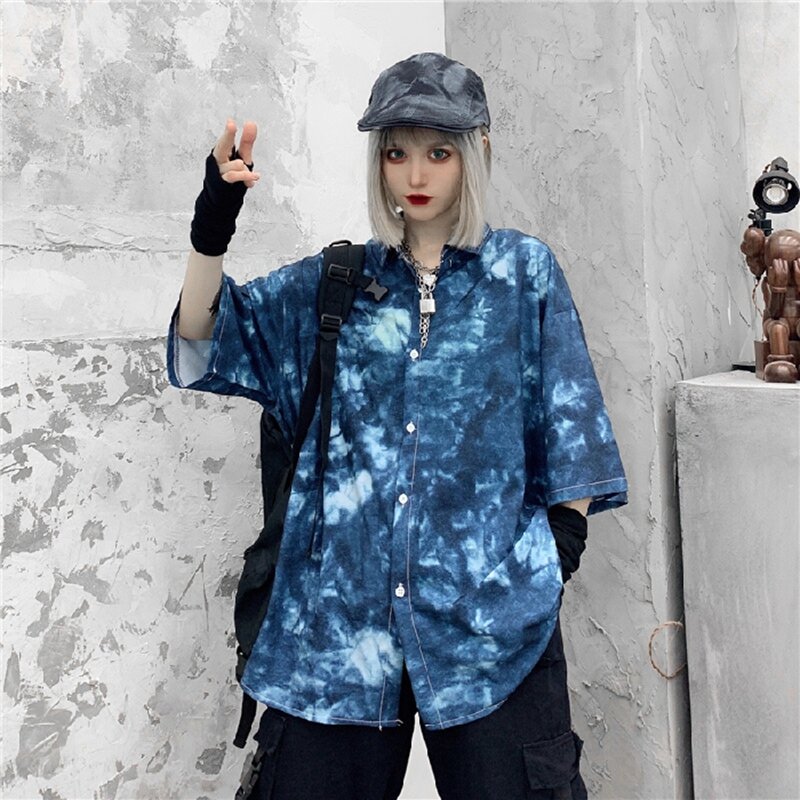 Camicie donna uomo manica corta stampa blu Plus Size 3XL Retro sciolto donna Unisex estate Harajuku Ins studente BF Top Chic Hip Hop