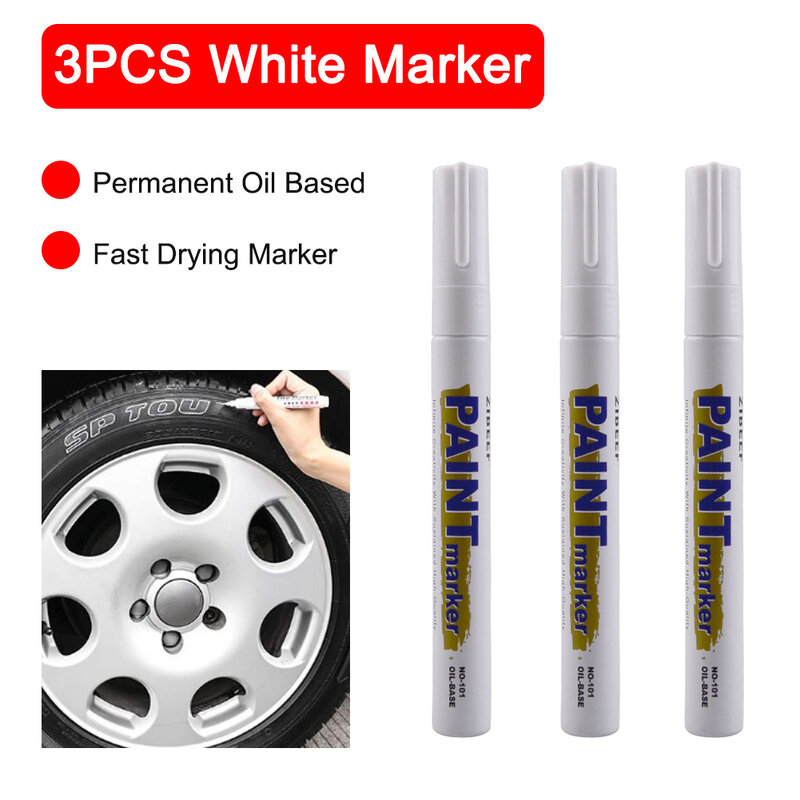 3Pcs สีขาวสีปากกาเครื่องหมายกันน้ำยางรถน้ำมันสีชุดปากกา Quick แห้งและถาวร