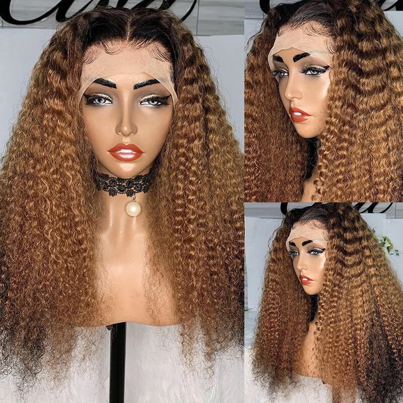 Perruque Lace Front Wig bouclée et crépue 26 pouces, perruque synthétique Blonde ombrée de densité 180% pour femmes noires, pre-plucked, cheveux de bébé longs résistants à la chaleur