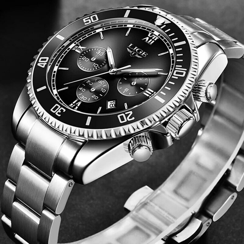 LIGE-reloj analógico de acero inoxidable para hombre, accesorio de pulsera de cuarzo resistente al agua con cronógrafo, complemento Masculino de marca de lujo con diseño militar, a la moda