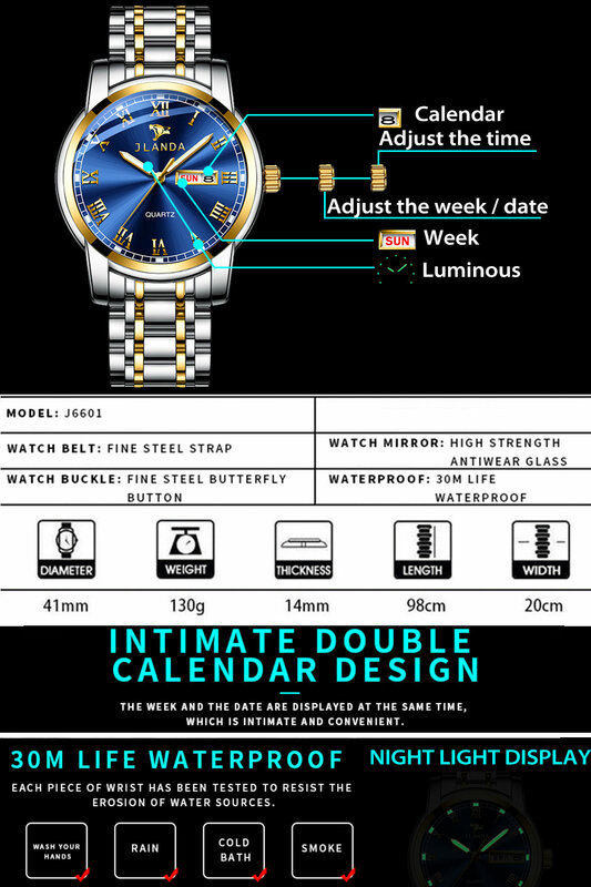 Часы наручные мужские кварцевые из нержавеющей стали, модные водонепроницаемые золотистые, с отображением даты и недели, в деловом стиле