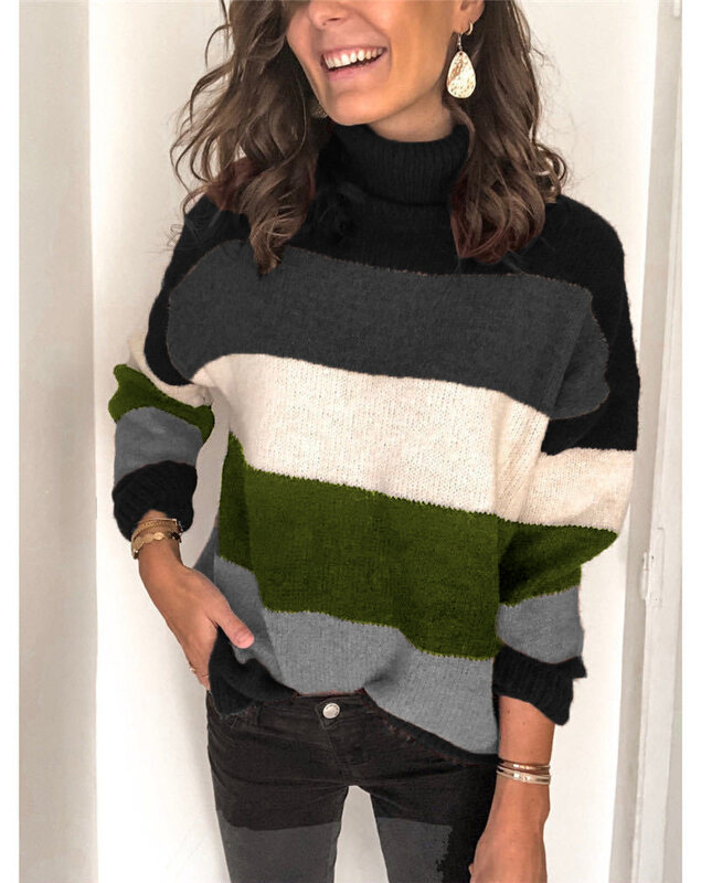 Women Turtleneck Sweaters Autumn Winter Loose Patchwork Print Striped Pullover Ladies Long Sleeve Casual Warm Soft Tops Sweater