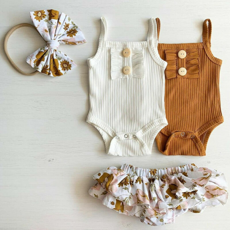 Infant Baby Girl Sleeveless Sling Floral Tops Romper+Tutu Shorts/Skirt Outfit Sunsuit Summer Casual Baby Girl Clothes Set