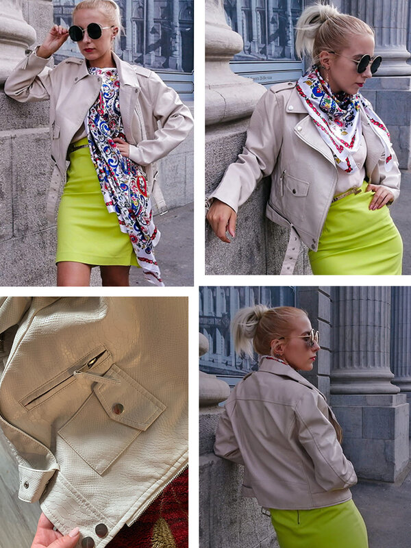 Chaqueta de piel sintética para mujer, abrigo ajustado de cuero caqui con cinturón, para primavera y otoño