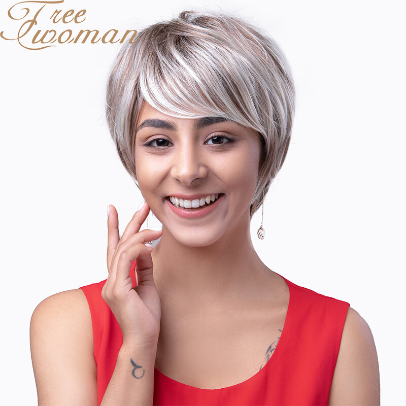 FREEWOMAN  Short Hair Wig with Natural Bangs Pixie Cut with Highlights Synthetic White Mix Brown Haircut For White Women