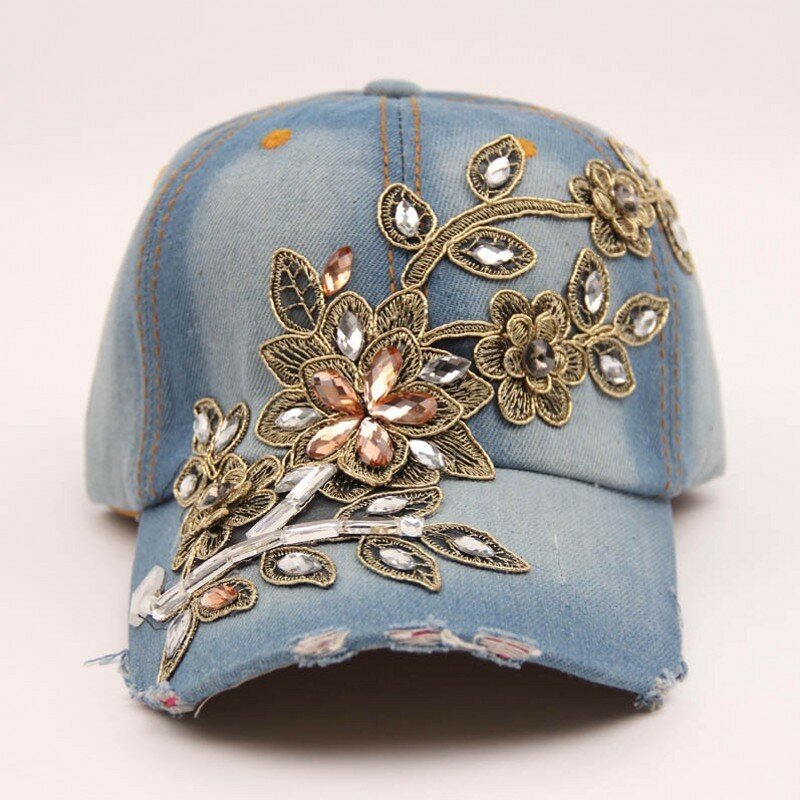 Moda feminina artesanal strass bordado flor denim boné de beisebol lazer ao ar livre ajustável boné viseira chapéu