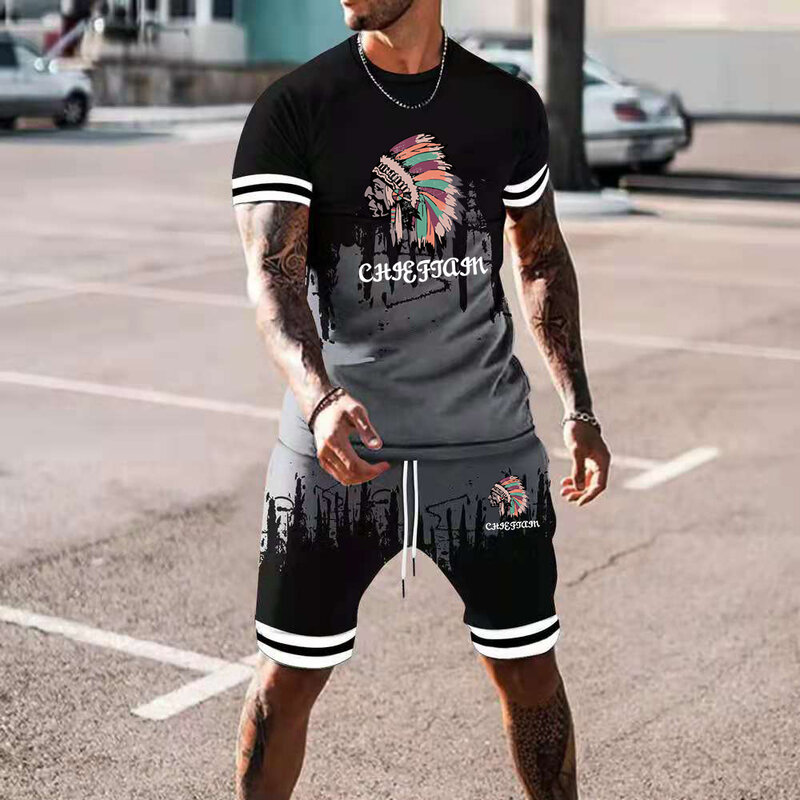 2021 Summer Hot Sale Sports And Leisure 3d Short-sleeved Men's Fitness Training Shorts And T-shirt Suit Plus Size
