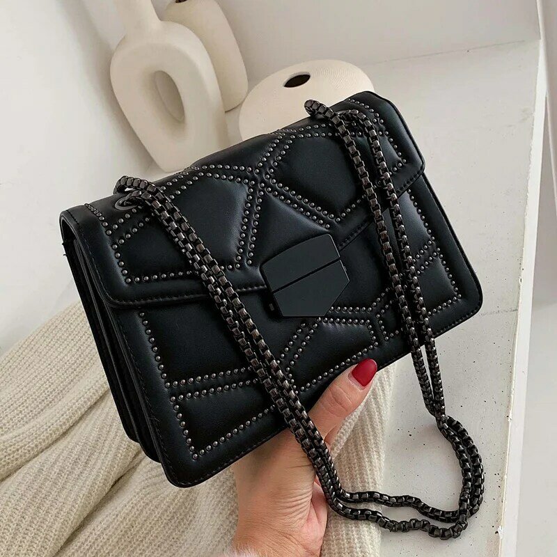 Rivet chain designer de couro do plutônio sacos crossbody para as mulheres 2021 moda simples bolsa ombro senhora luxo pequenas bolsas