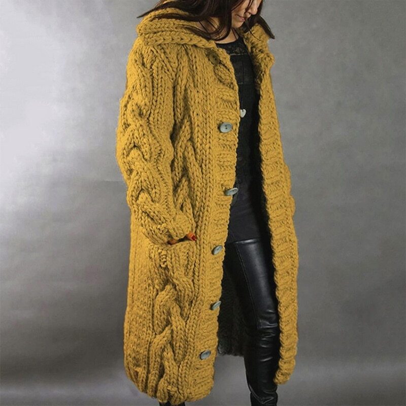 Sweter Wanita Fashion 2021 Mantel Puff Kancing Sebaris Tunggal Musim Gugur Perempuan Sweter Longgar Kasual Kardigan Panjang Bertudung Musim Dingin Ukuran Plus