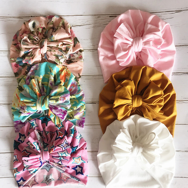 Fashion Cute Baby Hat Toddler Kids Soft Cotton Turban Beanies Hat Boy Girl Floral Bowknot Head Wraps For 0-3 Years Kids