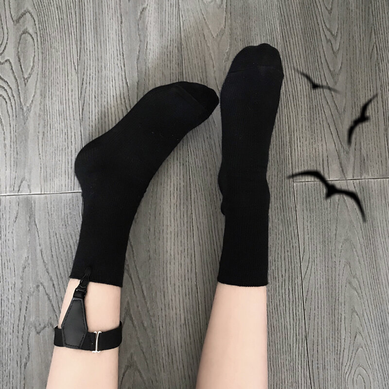 INS Same Harajuku Style Retro Black Non-Slip Strap Women's All-Match Garter Calf Leg Ring Half Socks