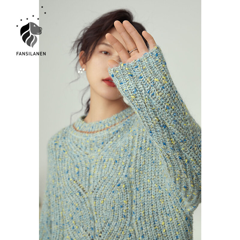 FANSILANEN Hollow Out Polka Dot Knit Sweater Women Autumn Winter Casual Round Neck Yellow Pullover Female Blue Commuter Sweaters