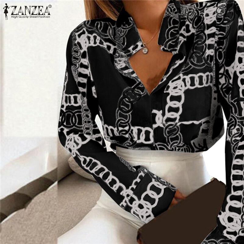 Vrouwen Herfst Print Shirt Zanzea Ol Lange Sleevetunic 2021 Mode Toevallige Revers Blusa Feminina Lady Streetwear Losse Top Oversize