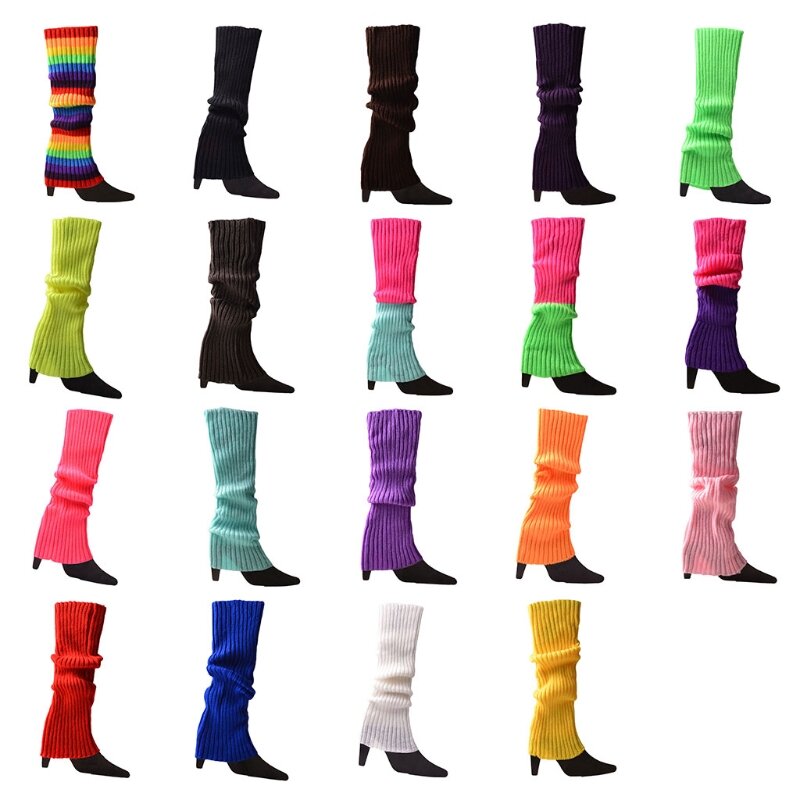 Calentadores de piernas de punto de colores neón de los años 80 para mujer, medias sin pies brillantes acanaladas