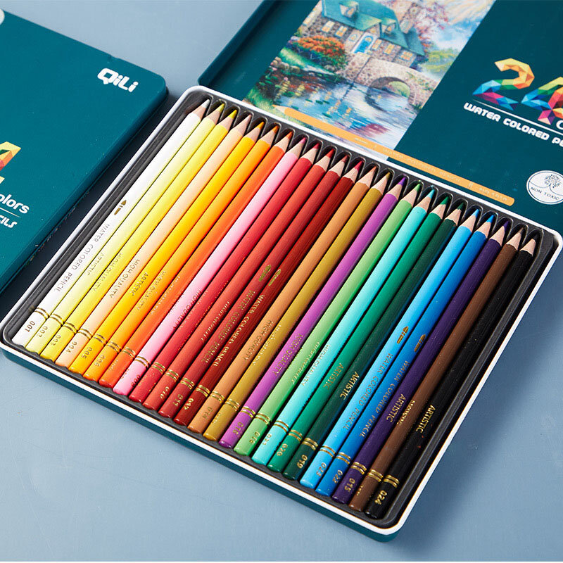 مجموعة أقلام ملونة احترافية قابلة للذوبان في الماء ، 24 قلم رصاص للرسم بالألوان المائية ، لوحة خشبية للرسم ، لوازم مدرسية مرسومة يدويًا