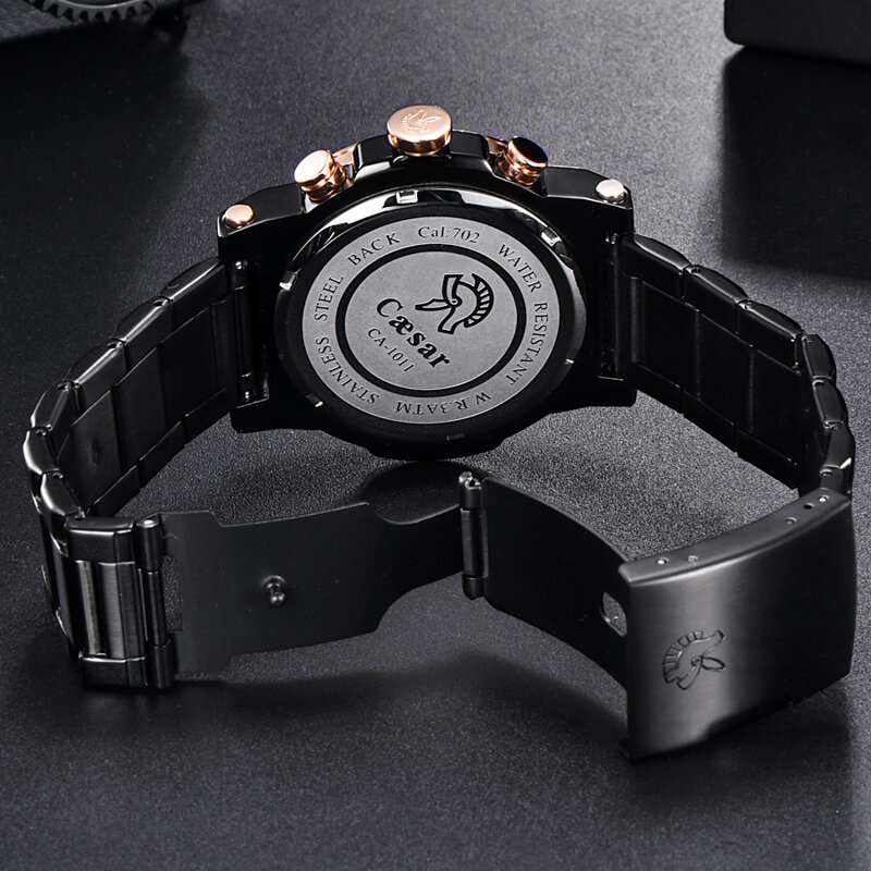 Caesar-Reloj de pulsera de cuarzo para hombre, cronógrafo Masculino, de lujo, color oro rosa, negro, resistente al agua