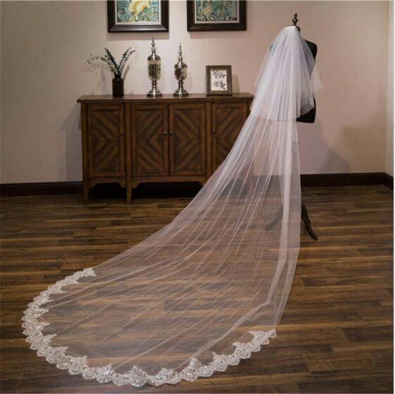 Véu de casamento de duas camadas com pente, véu de noiva com borda de renda branca, aplicação em marfim