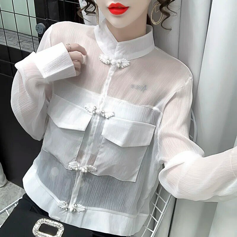 Blusas Mujer Mesh przezroczysty z długim rękawem kobiety bluzka 2021 nowy Vintage węzeł przycisk diament luźna z szyfonu ochrony przeciwsłonecznej koszula 985E