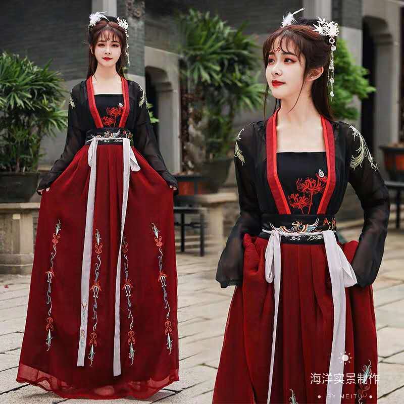 女性のための伝統的な中国の服,妖精のフォークダンスの衣装,オリエンタル刺繍の漢服,黒と赤の舞台衣装