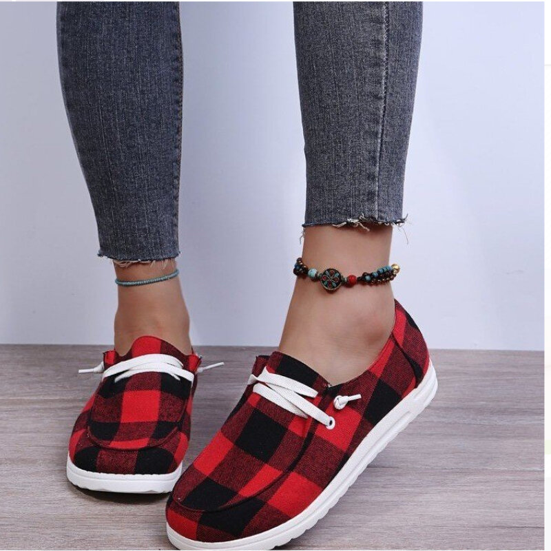 Women Cloth Shoes with One Foot Rubber Flat Bottom Deep Mouth Lace Up Decoration Trend Fashion Lattice Color Matching  KZ030