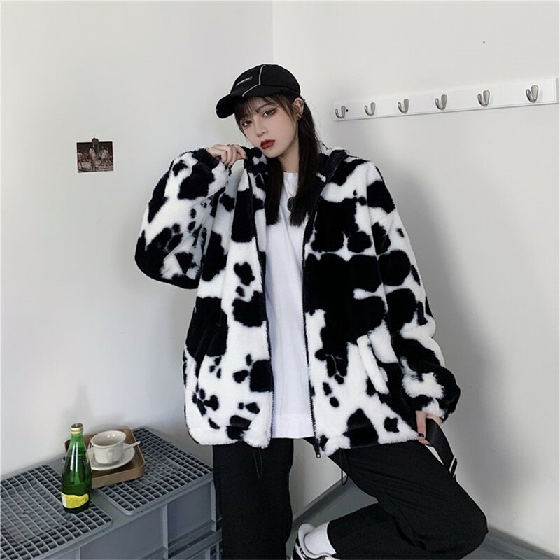 Mantel Mode Baru Musim Dingin Korea Harajuku Sapi Cetak Longgar Lengan Penuh Jaket Kulit Flanel Antik Tetap Hangat Pakaian Katun