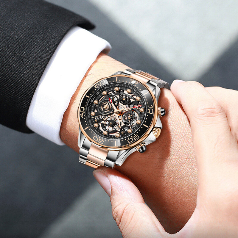 LIGE wodoodporny zegarek w stylu Casual dla Unisex lustro Hardlex Hollow-rzeźbiony projekt męski Quartz chronografu mężczyzna zegarek na rękę, stoper