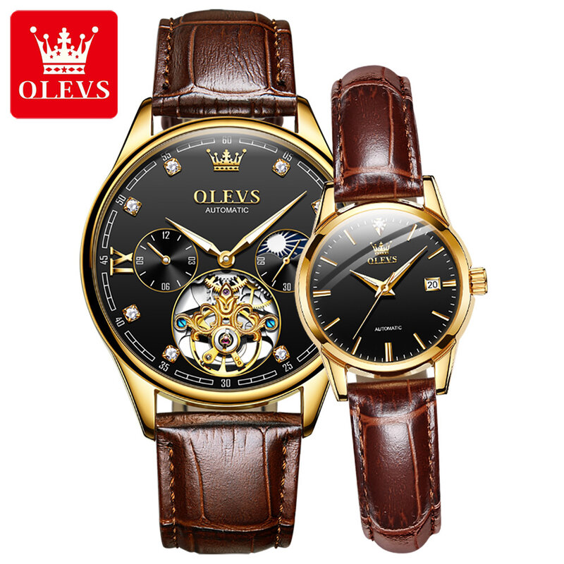 OLEVS  Couple Brand 2021 New Luxury Men's Watch Mechanical Date Sports Military Leather Strap Business Ladies Waterproof Watch