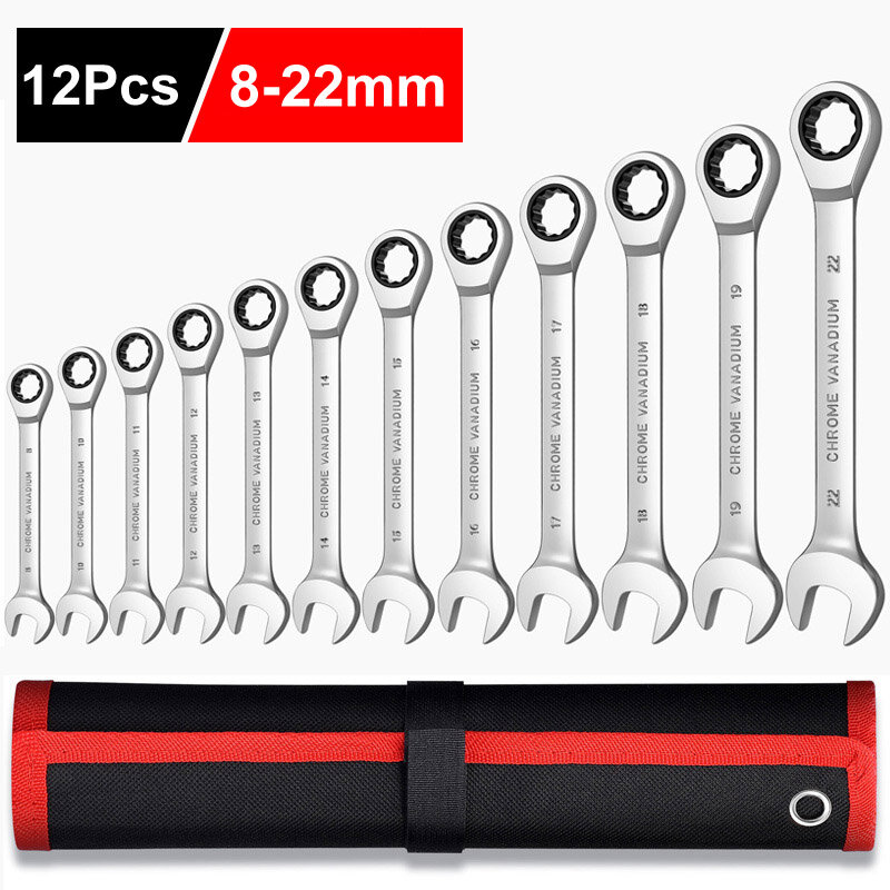 Ratcheting Wrench Set,Multifuctional Combination Ended Spanner Kit Metric Chrome Vanadium Steel Ratchet Wrench 12 Point Opening