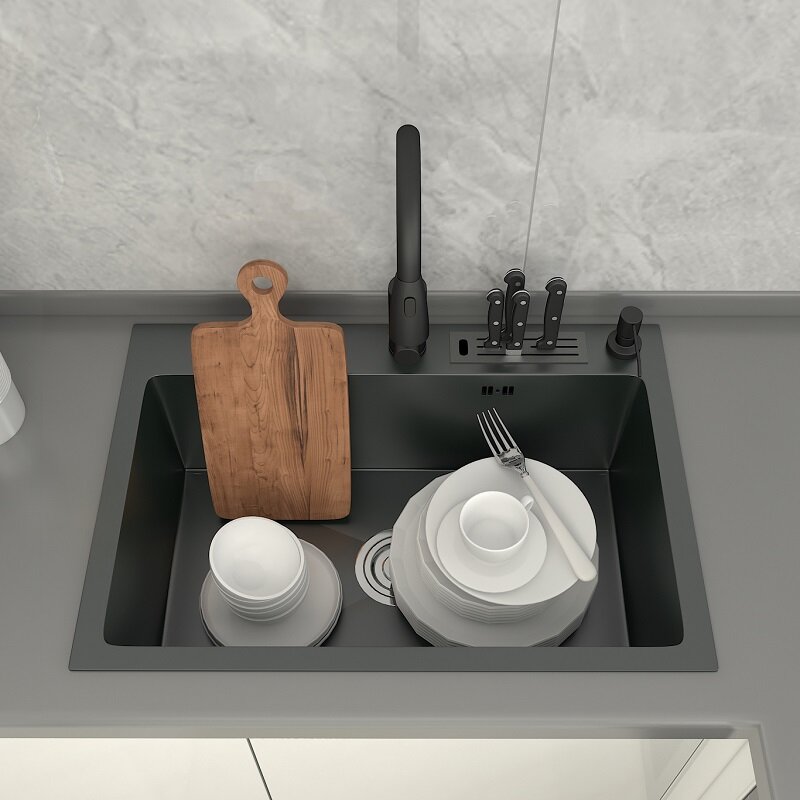 Кухонная раковина AUSWIND из нержавеющей стали, с одной чашей, держателем для ножа и аксессуарами, композитная черная раковина