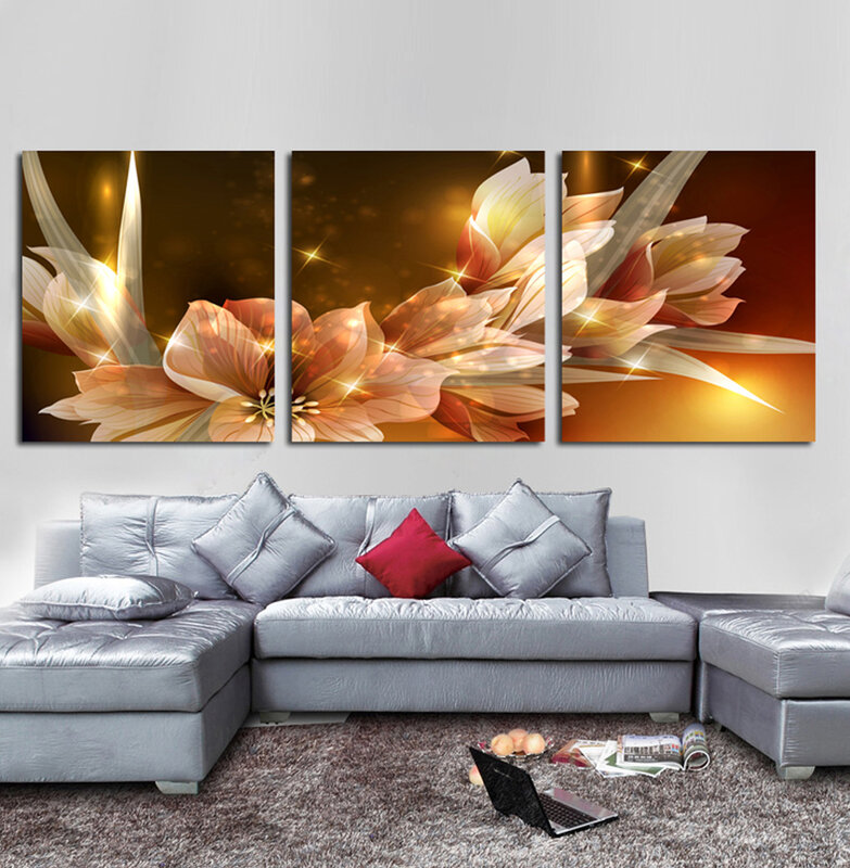 Obrazy ograniczone Cuadros Quadros obraz olejny złoty przezroczysty kwiat 3 sztuka obrazy na ścianę druk na płótnie (bez ramki)