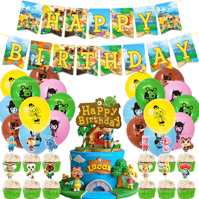 Ballons thème Animal Crossing, bannière joyeux anniversaire, décoration de gâteau, fête prénatale, jouets pour enfants, 48 unités