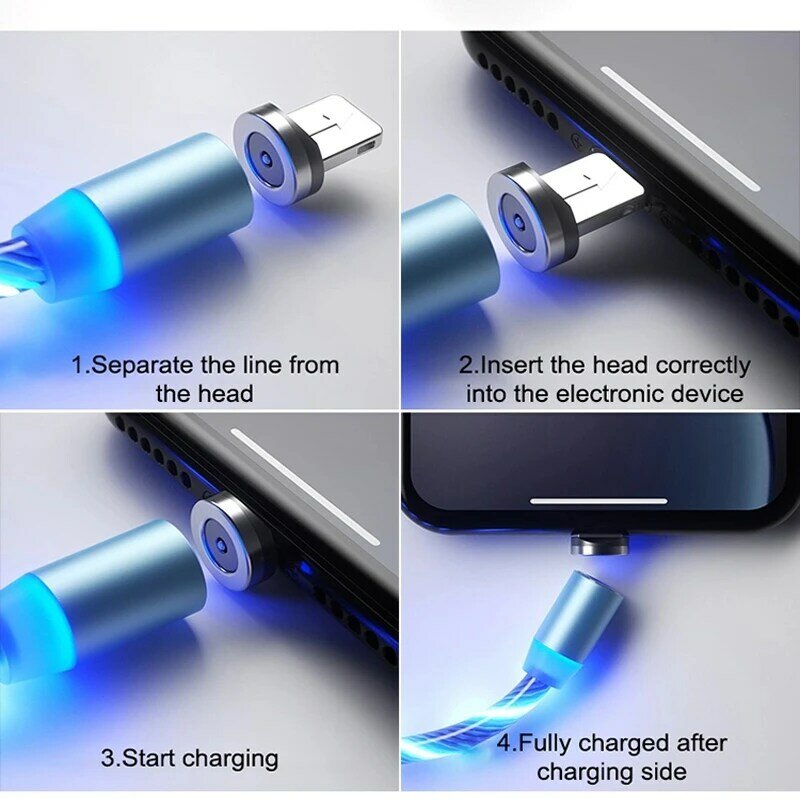 Kabel LED Cahaya Mengalir Magnetis USB Mikro Tipe C Pengisian Daya Cepat USB-C Kabel Data Magnet untuk Pengisi Daya Ponsel IPhone Android