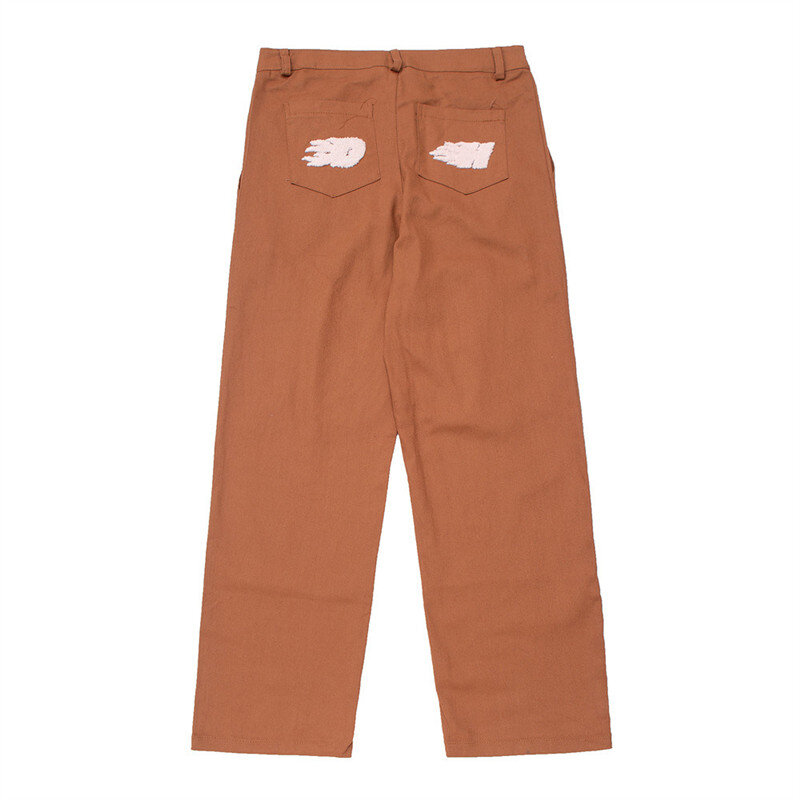 Pantalones holgados informales y rectos de algodón para hombre, Pantalón ancho Vintage marrón con bordado de mariposas, moda coreana, 2021