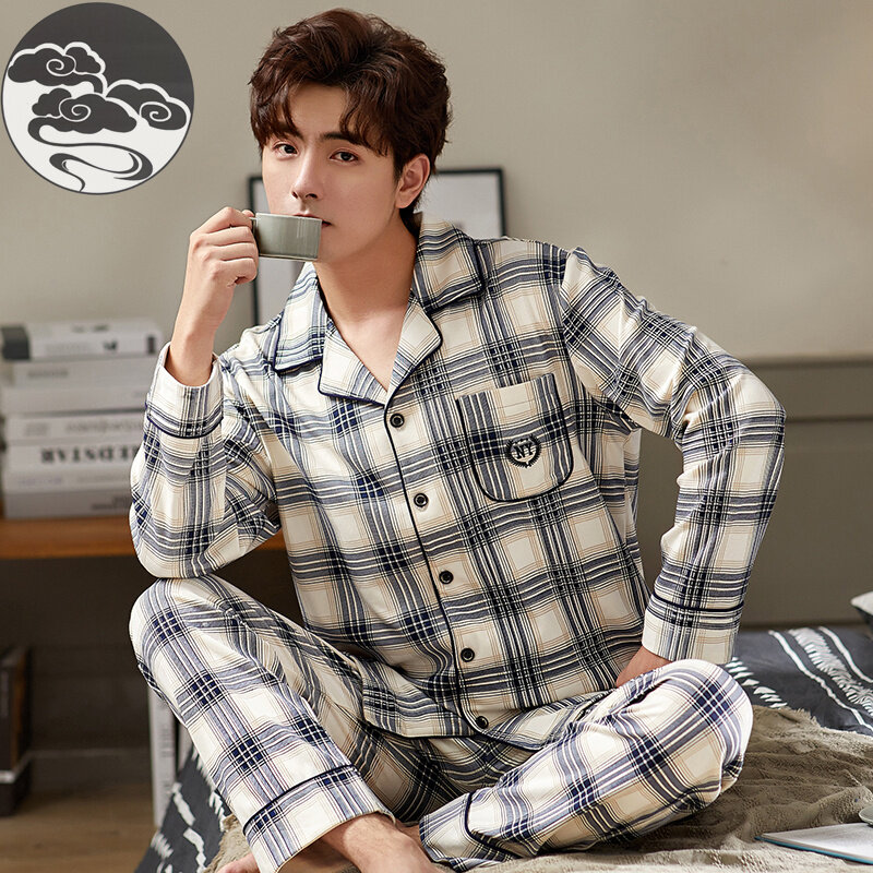 Pyjama en coton pour hommes, vêtements de nuit à rayures, motif lettres, dessin animé, ensemble décontracté, grande taille 3xl, collection automne et hiver