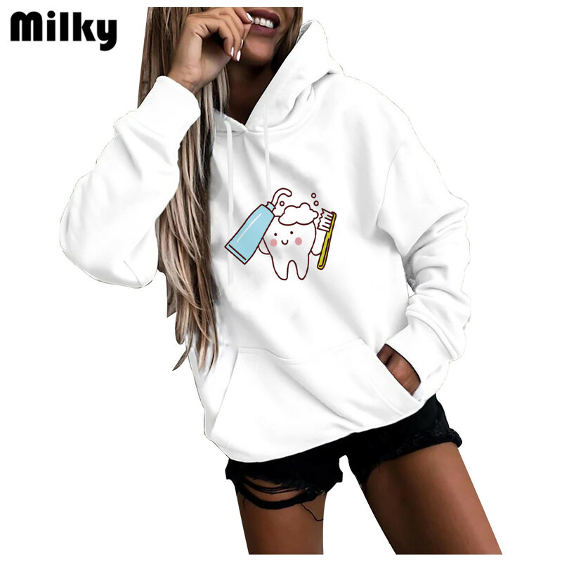 90s harajuku crewneck hoodie padrão moda impressão kawaii estética hoodies feminino dente engraçado dentista moletom feminino